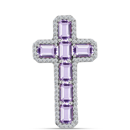 Cruz Colgante de Plata con Amatista Rosa de Francia y Topacio Blanco