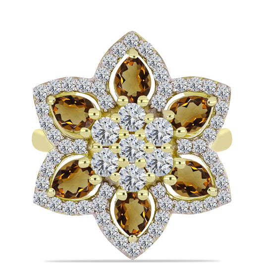 Anillo de Plata Bañada en Oro con Cuarzo Coñac y Topacio Blanco