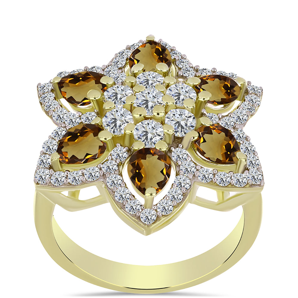 Anillo de Plata Bañada en Oro con Cuarzo Coñac y Topacio Blanco 2 