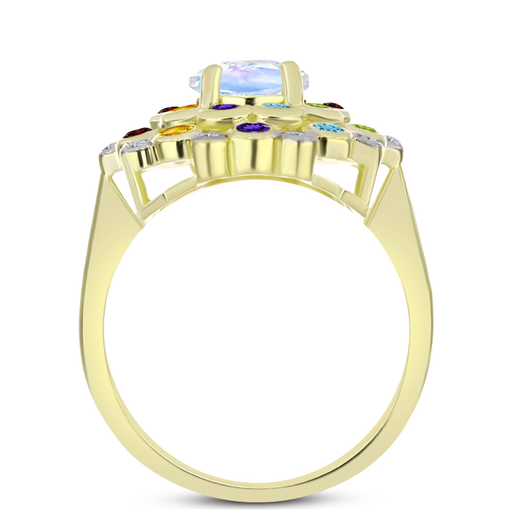 Anillo de Plata Bañada en Oro con Piedra Lunar Arco Iris y Amatista de Marruecos