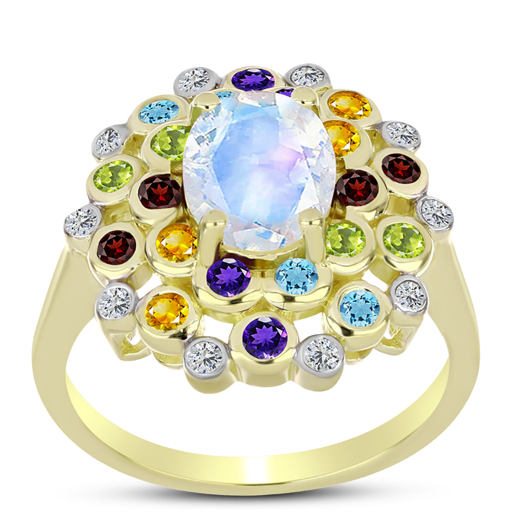 Anillo de Plata Bañada en Oro con Piedra Lunar Arco Iris y Amatista de Marruecos 3 