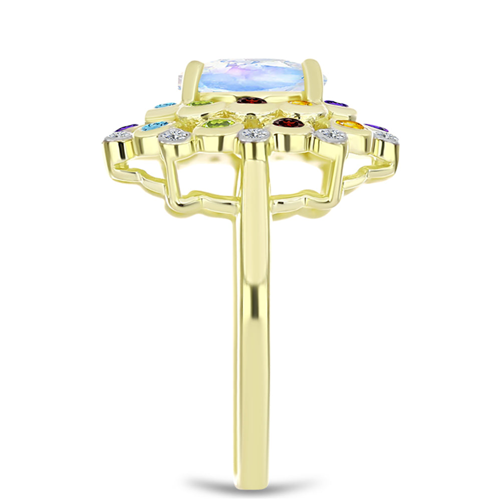 Anillo de Plata Bañada en Oro con Piedra Lunar Arco Iris y Amatista de Marruecos 4 
