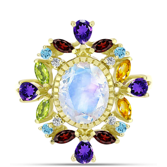 Anillo de Plata Bañada en Oro con Piedra Lunar Arco Iris y Amatista de Marruecos