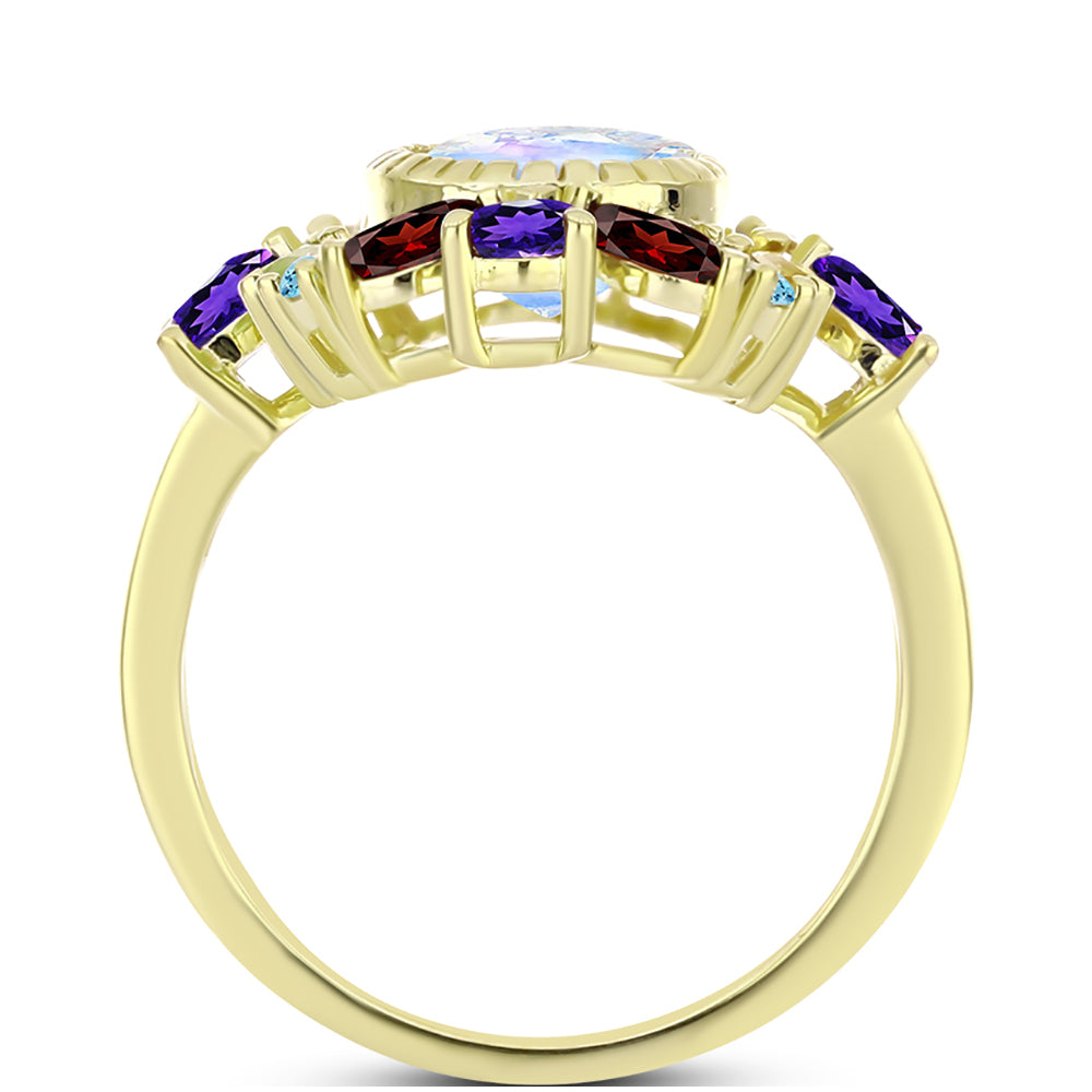 Anillo de Plata Bañada en Oro con Piedra Lunar Arco Iris y Amatista de Marruecos 2 