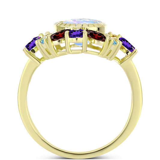 Anillo de Plata Bañada en Oro con Piedra Lunar Arco Iris y Amatista de Marruecos