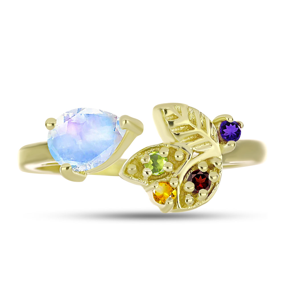 Anillo de Plata Bañada en Oro con Piedra Lunar Arco Iris y Amatista de Marruecos 1 