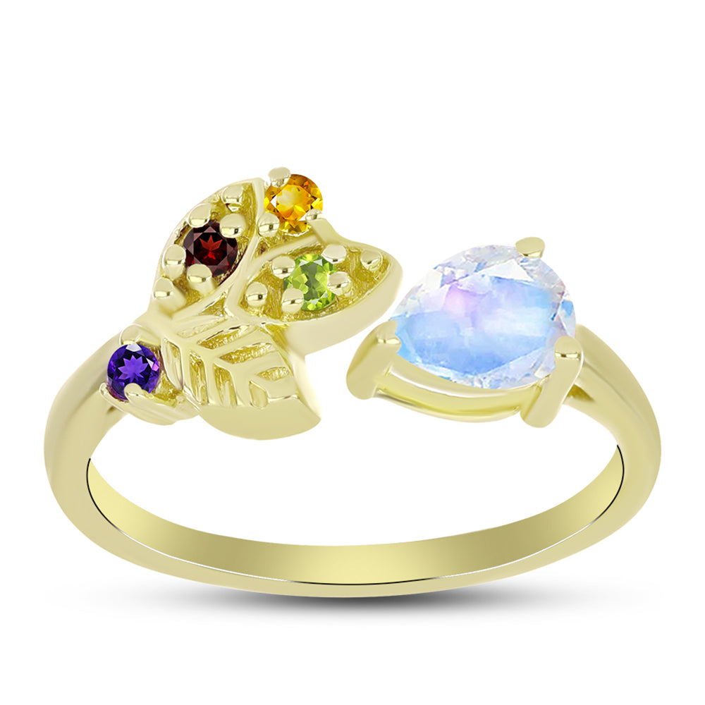 Anillo de Plata Bañada en Oro con Piedra Lunar Arco Iris y Amatista de Marruecos 3 