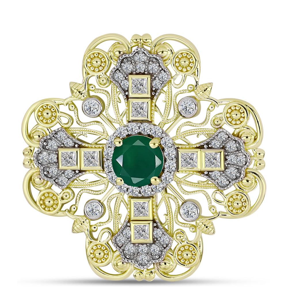 Broche de Plata Bañada en Oro con Ágata Verde y Topacio Blanco