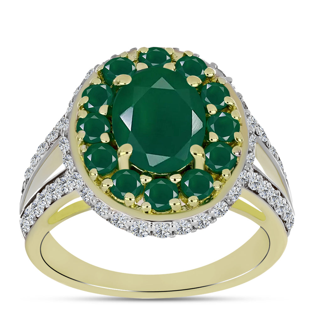 Anillo de Plata Bañada en Oro con Ágata Verde y Topacio Blanco