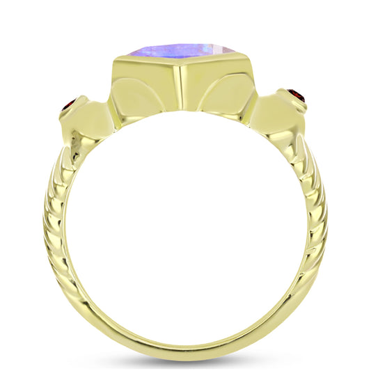 Anillo de Plata Bañada en Oro con Piedra Lunar Arco Iris y Granate Barton
