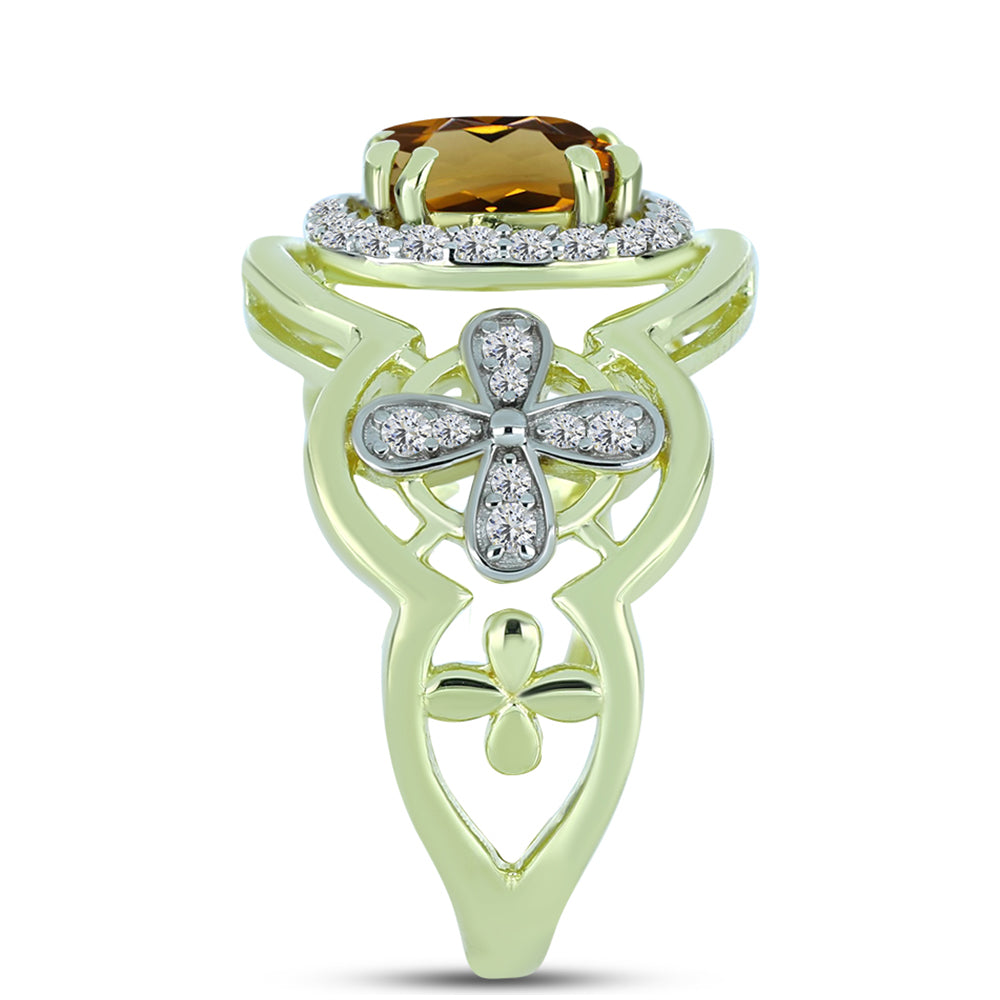 Anillo de Plata Bañada en Oro con Cuarzo Coñac y Topacio Blanco 4 