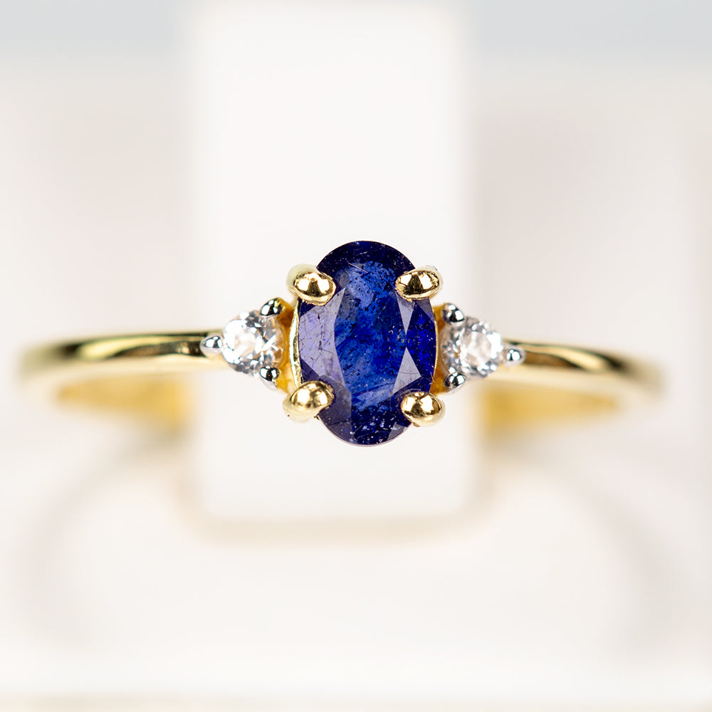 Anillo de Plata Bañada en Oro con Zafiro Azul Australiano y Topacio Blanco 2 