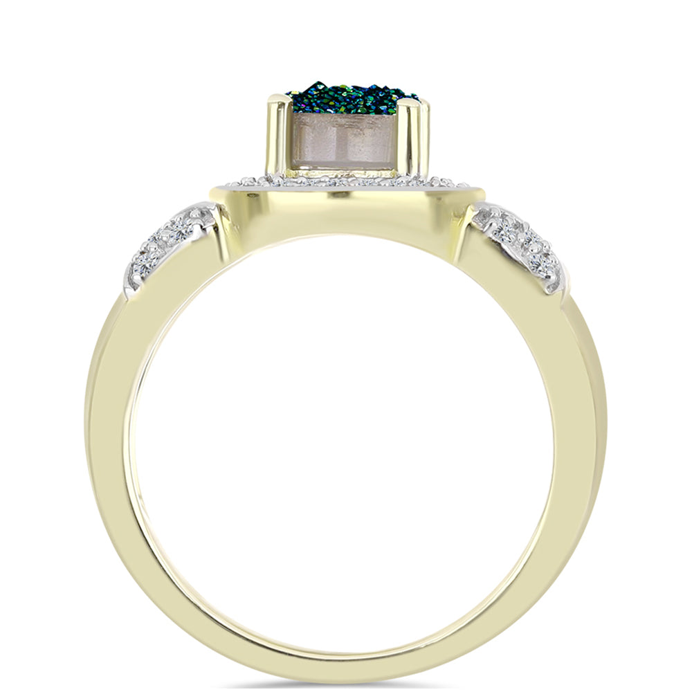 Anillo de Plata Bañada en Oro con Drusa Verde y Topacio Blanco