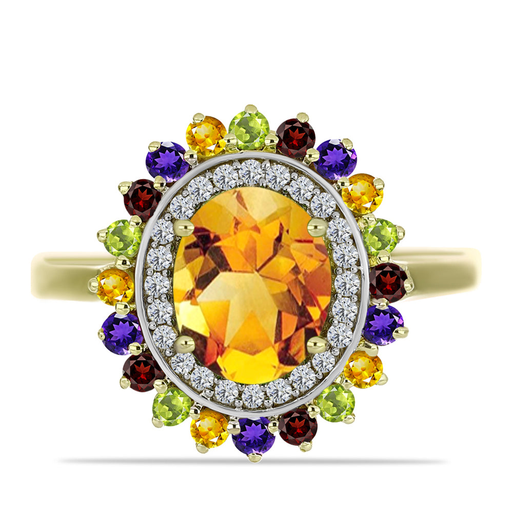 Anillo de Plata Bañada en Oro con Amatista de Marruecos y Citrino de los Montes Urales