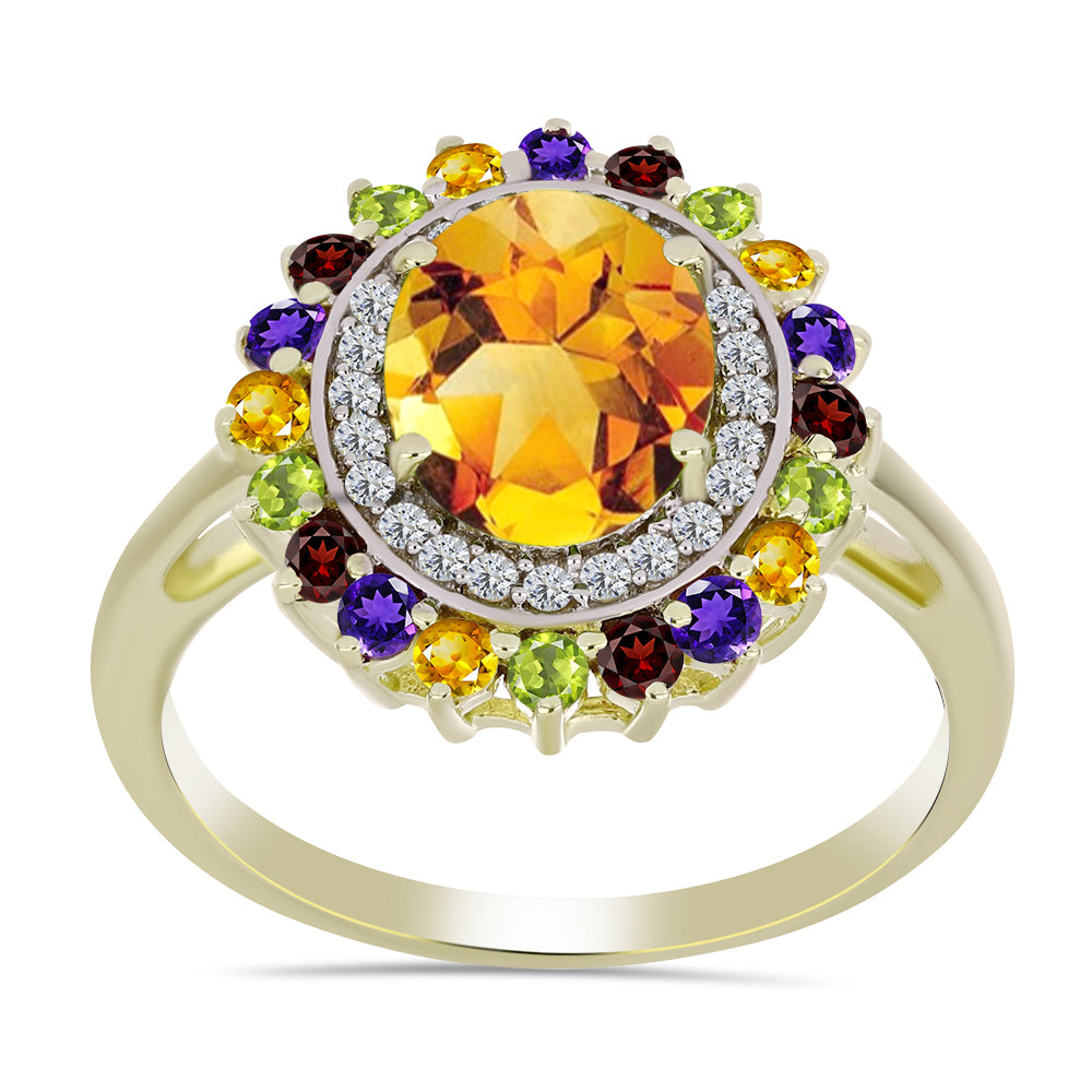 Anillo de Plata Bañada en Oro con Amatista de Marruecos y Citrino de los Montes Urales
