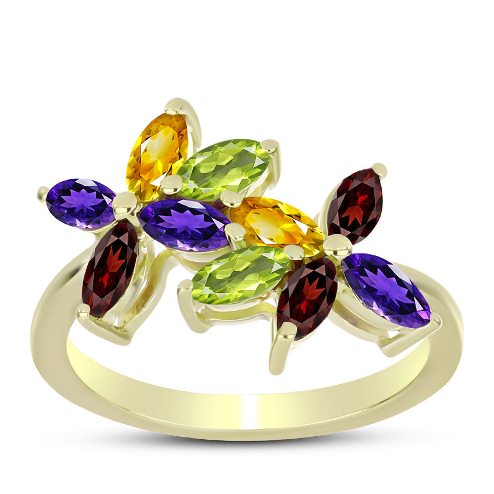 Anillo de Plata Bañada en Oro con Amatista de Marruecos y Citrino de los Montes Urales