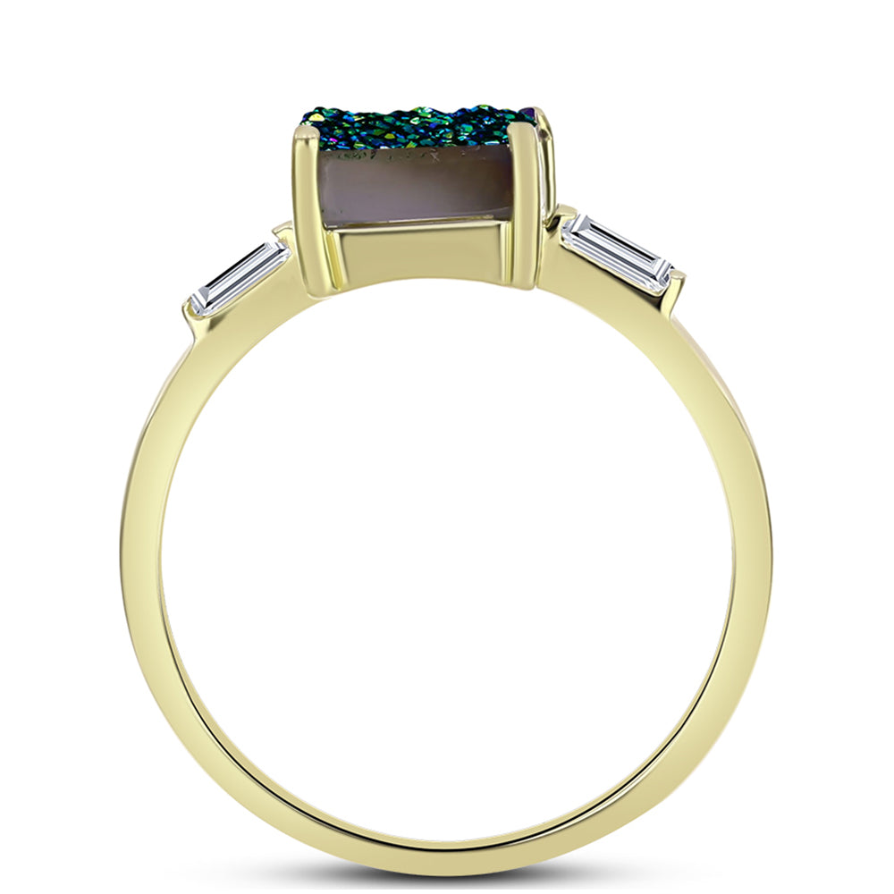 Anillo de Plata Bañada en Oro con Drusa Verde y Topacio Blanco