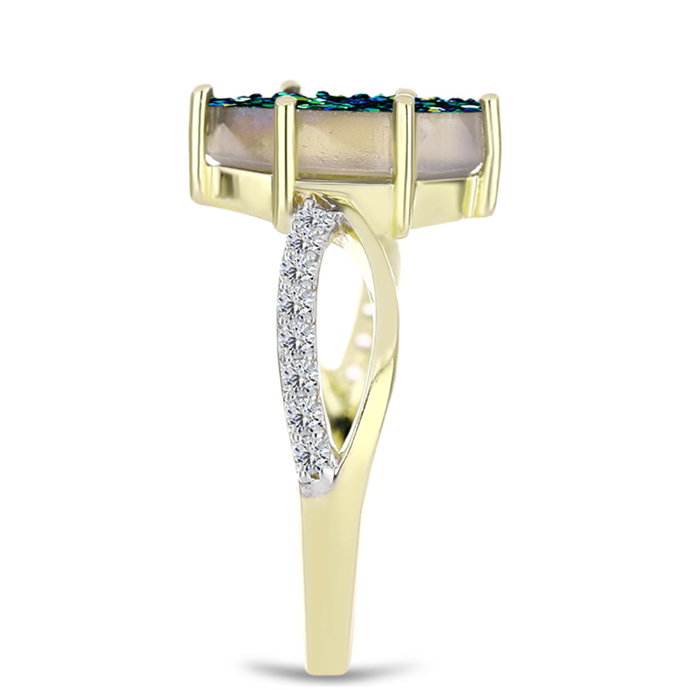 Anillo de Plata Bañada en Oro con Drusa Verde y Topacio Blanco