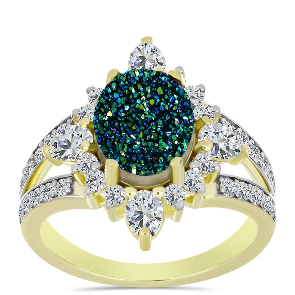 Anillo de Plata Bañada en Oro con Drusa Verde y Topacio Blanco