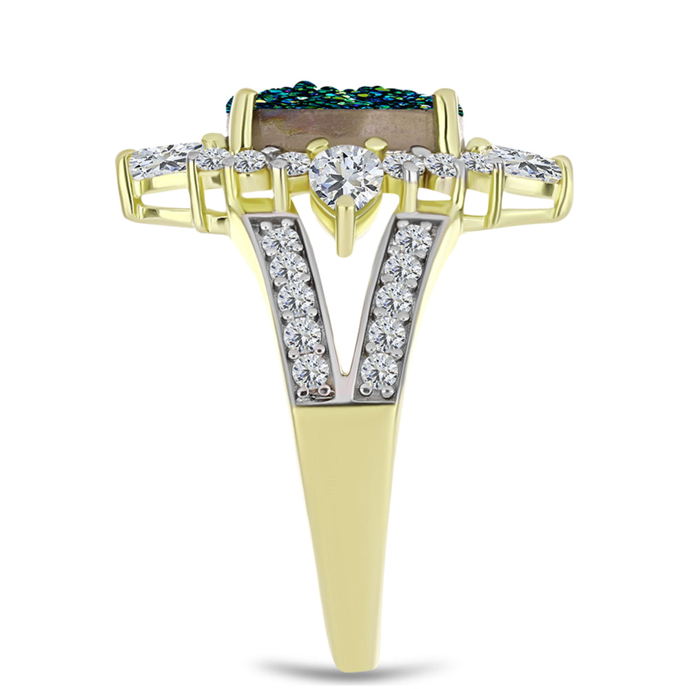 Anillo de Plata Bañada en Oro con Drusa Verde y Topacio Blanco 4 