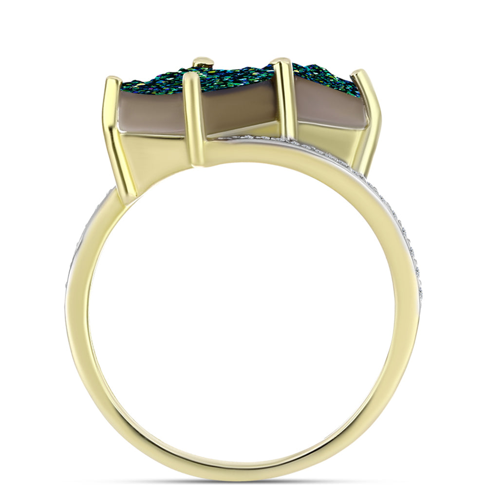 Anillo de Plata Bañada en Oro con Drusa Verde y Topacio Blanco 2 