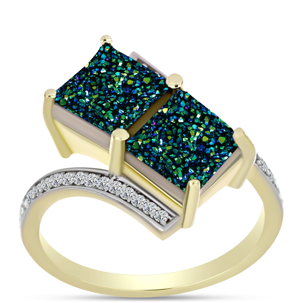 Anillo de Plata Bañada en Oro con Drusa Verde y Topacio Blanco 3 