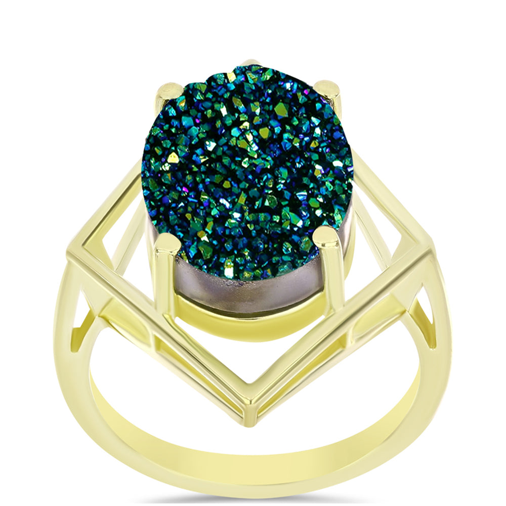 Anillo de Plata Bañada en Oro con Drusa Verde 3 
