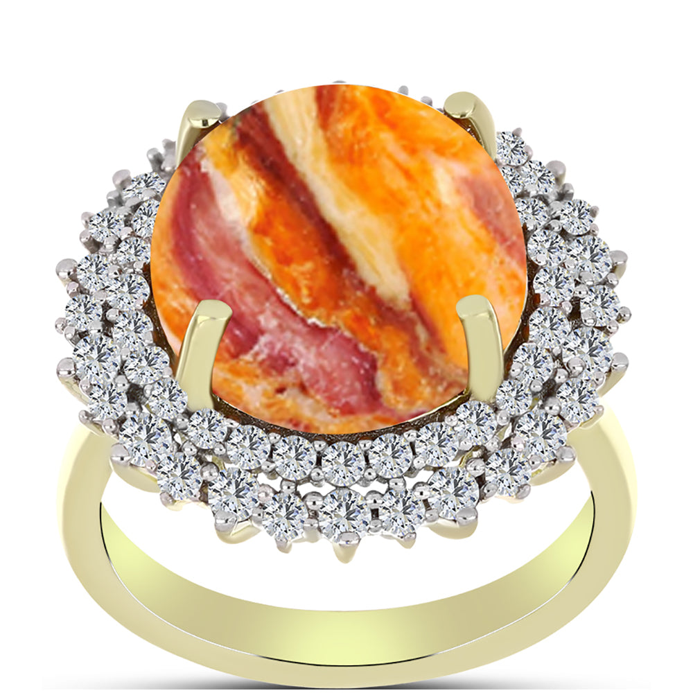 Anillo de Plata Bañada en Oro con Jaspe Garra de León y Topacio Blanco