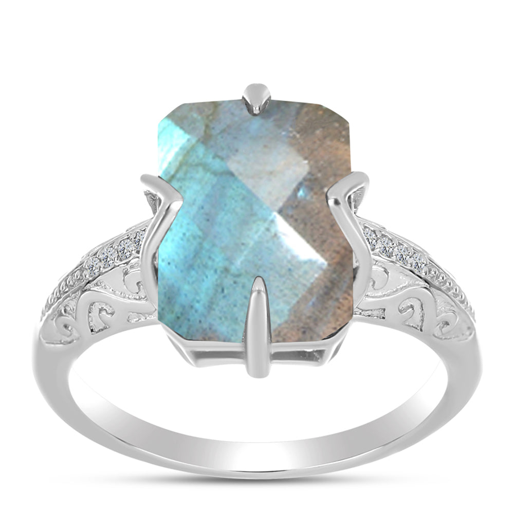Anillo de Plata con Labradorita y Topacio Blanco