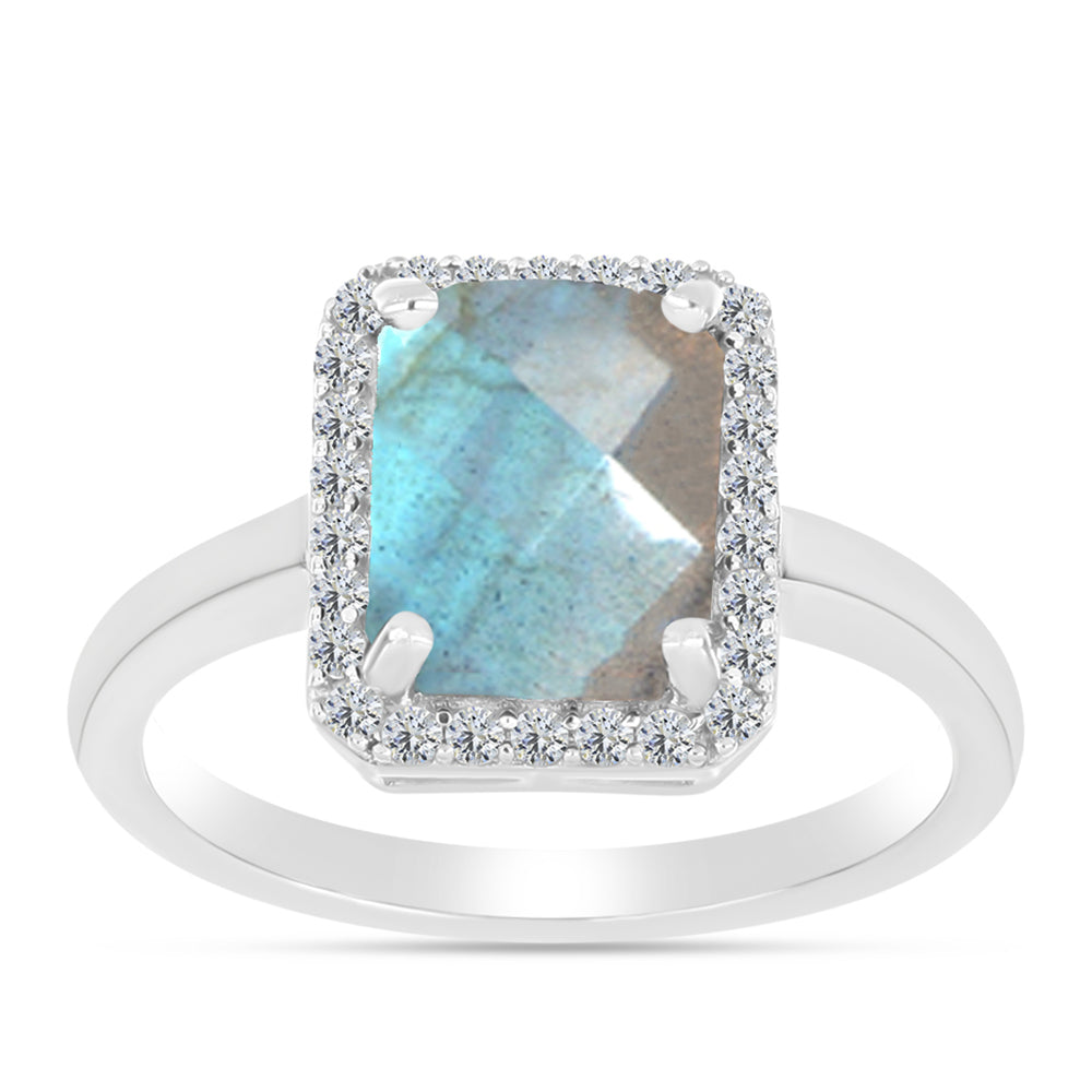 Anillo de Plata con Labradorita y Topacio Blanco