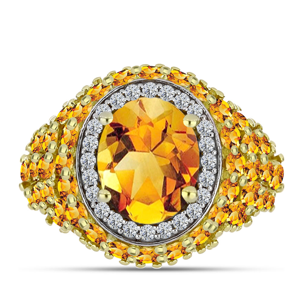 Anillo de Plata Bañada en Oro con Citrino de Río del Oro y Topacio Blanco