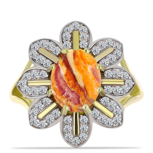 Anillo de Plata Bañada en Oro con Jaspe Garra de León y Topacio Blanco