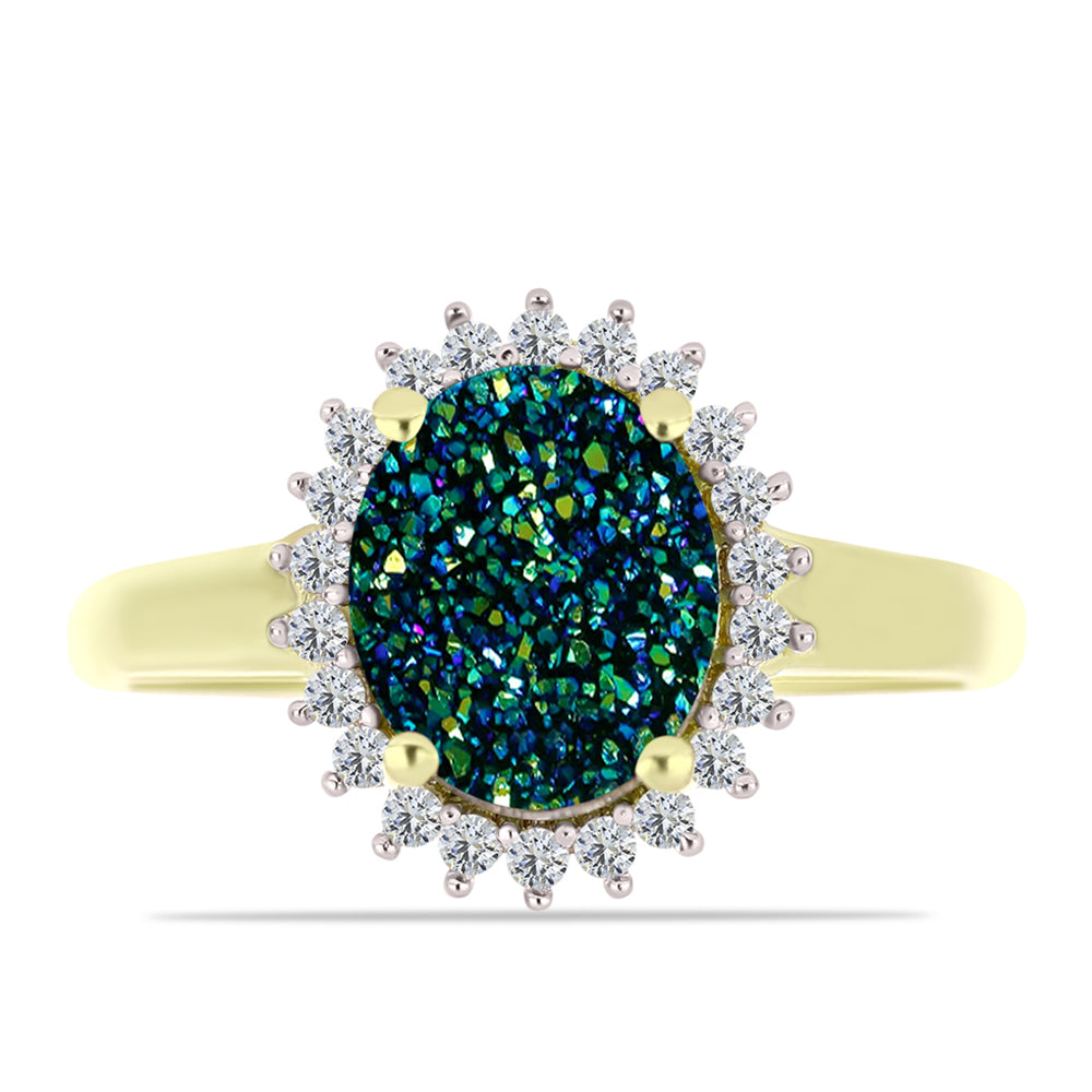 Anillo de Plata Bañada en Oro con Drusa Verde y Topacio Blanco 1 