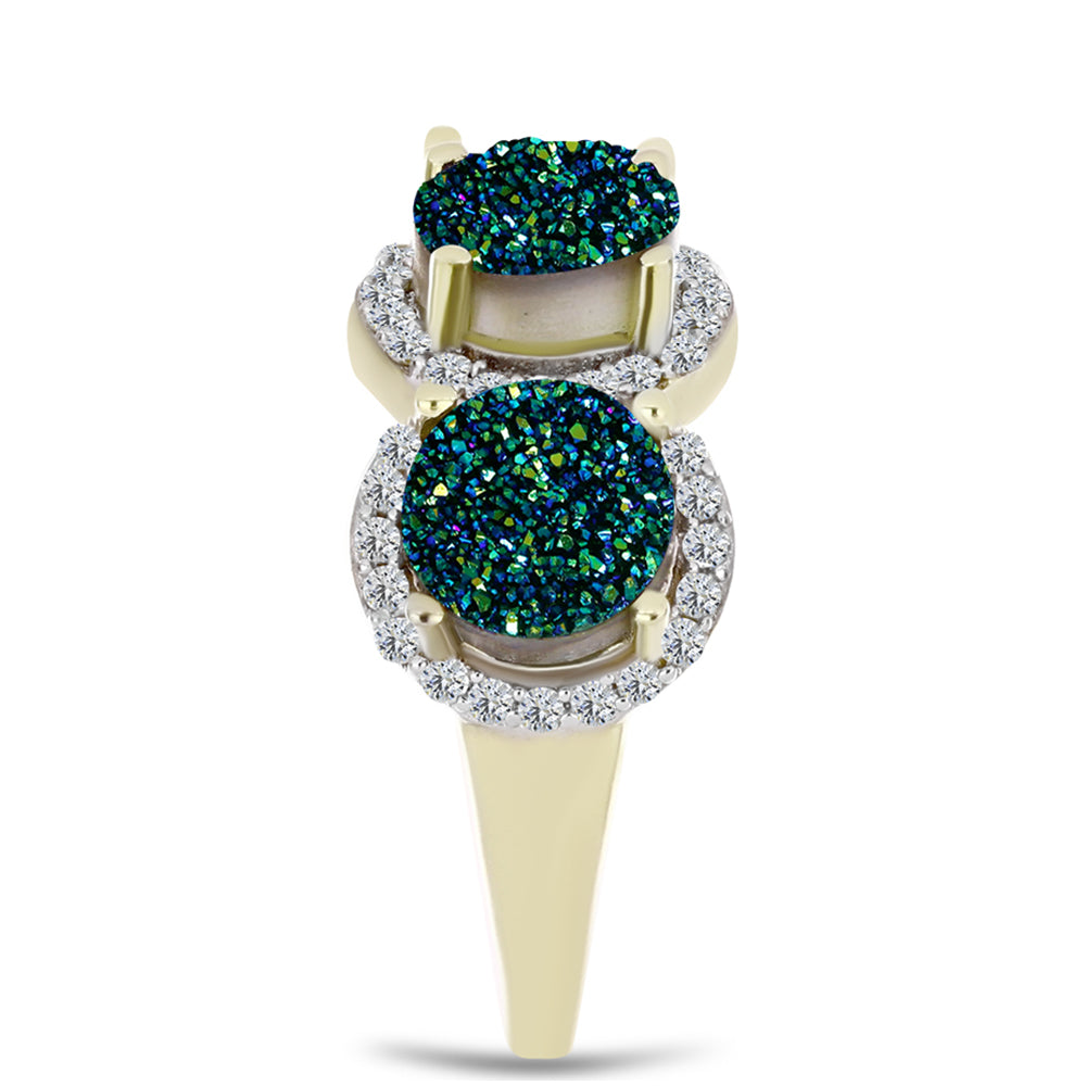 Anillo de Plata Bañada en Oro con Drusa Verde y Topacio Blanco