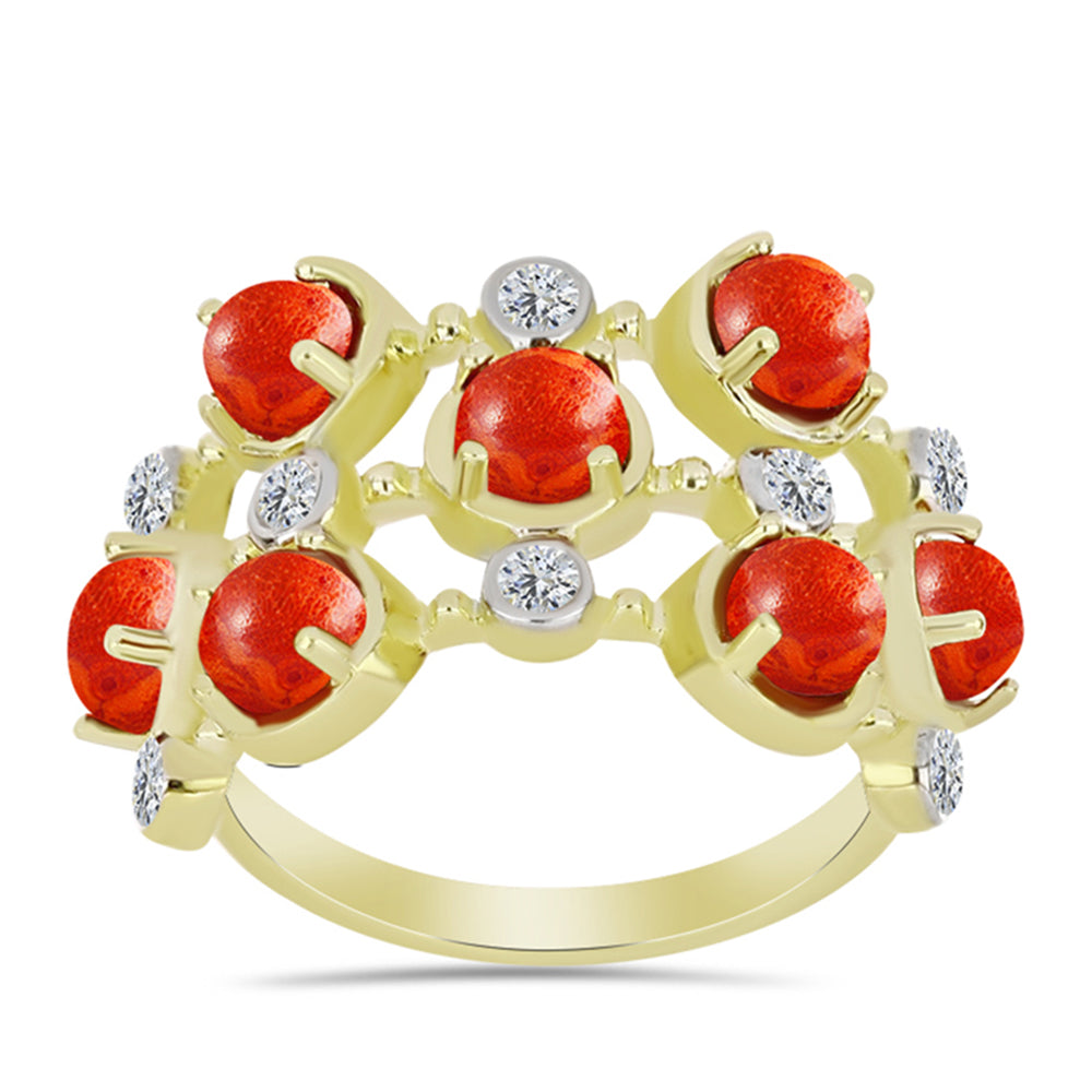 Anillo de Plata Bañada en Oro con Coral de Esponja Roja y Topacio Blanco 3 