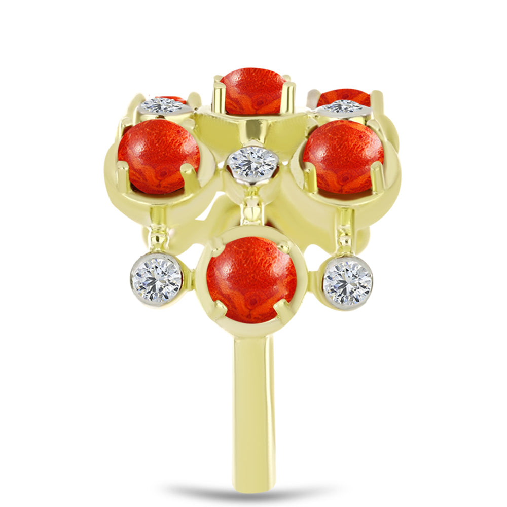 Anillo de Plata Bañada en Oro con Coral de Esponja Roja y Topacio Blanco 4 