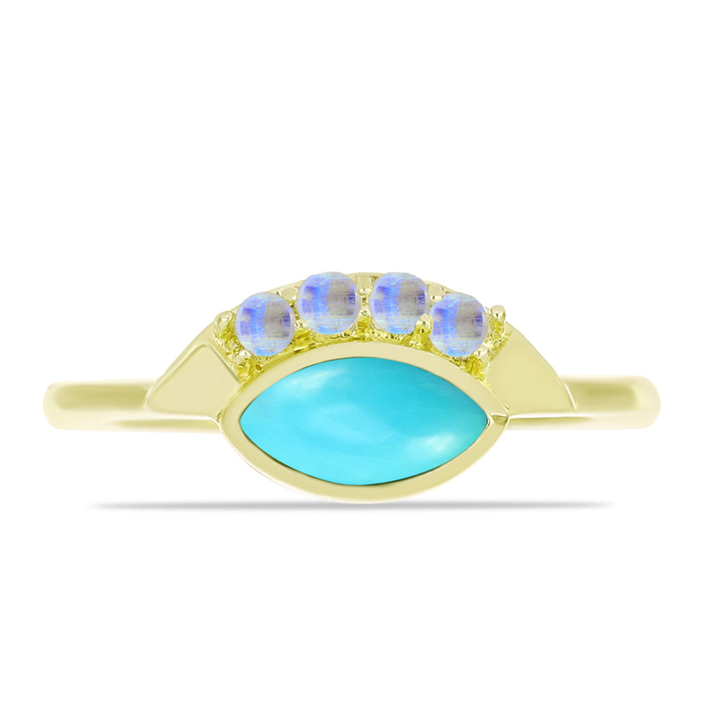 Anillo de Plata Bañada en Oro con Turquesa Bella Durmiente y Piedra Lunar Arco Iris