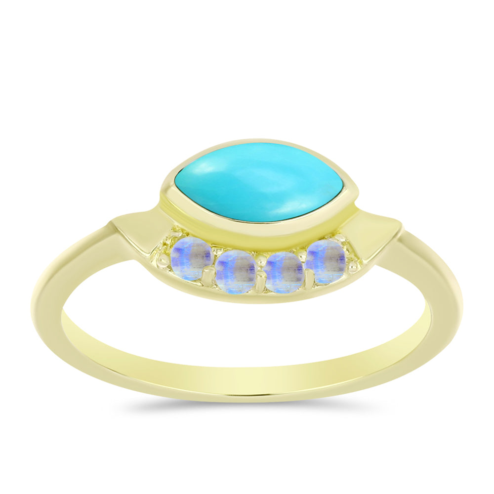 Anillo de Plata Bañada en Oro con Turquesa Bella Durmiente y Piedra Lunar Arco Iris 3 