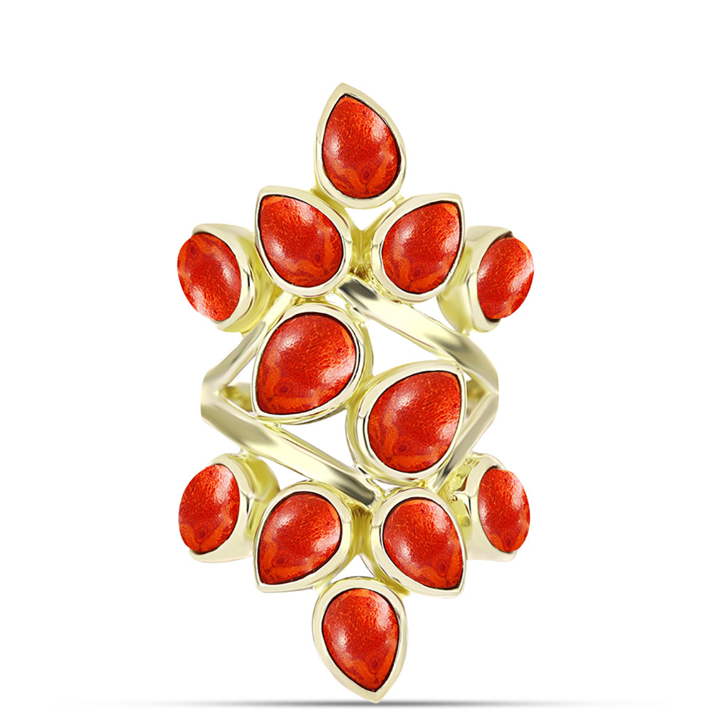Anillo de Plata Bañada en Oro con Coral de Esponja Roja