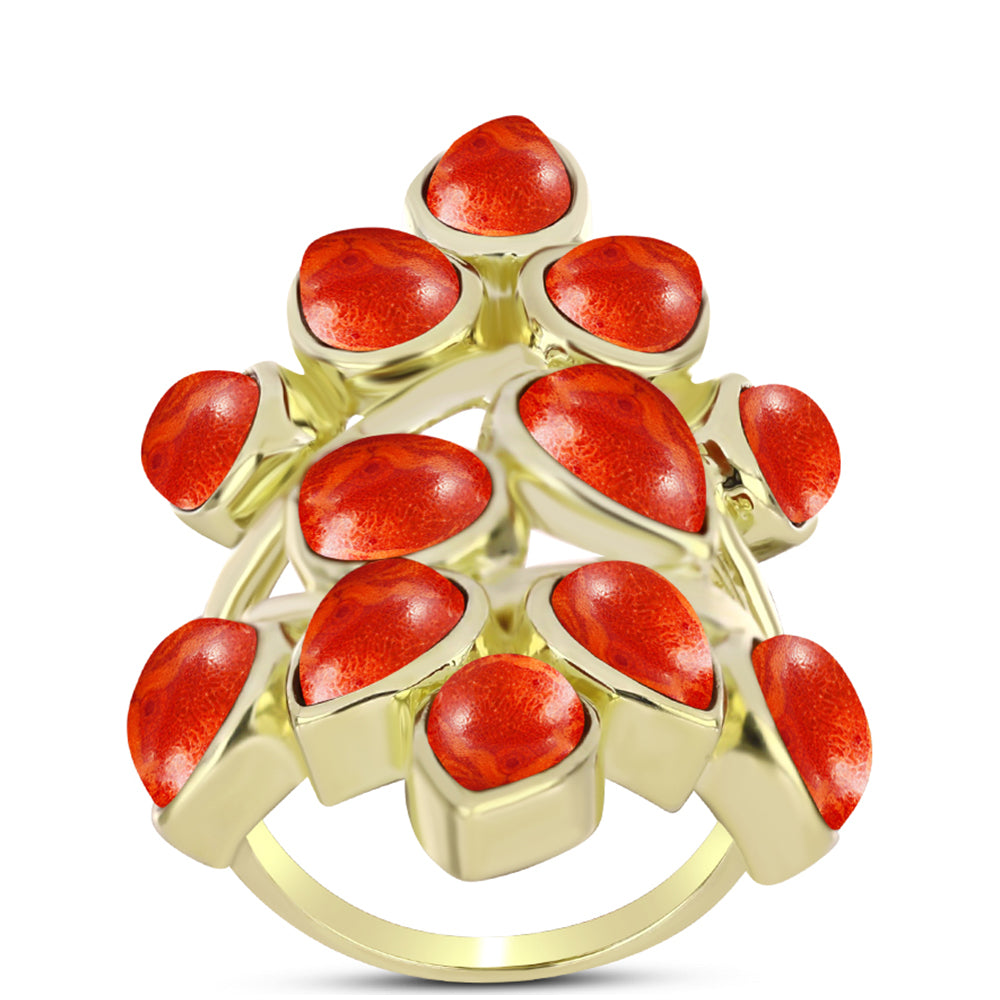 Anillo de Plata Bañada en Oro con Coral de Esponja Roja