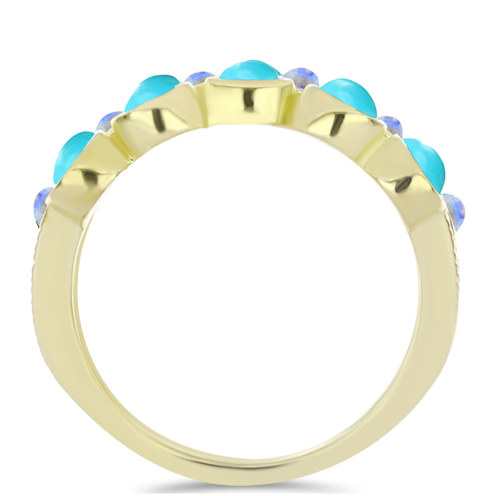 Anillo de Plata Bañada en Oro con Turquesa Bella Durmiente y Piedra Lunar Arco Iris 2 
