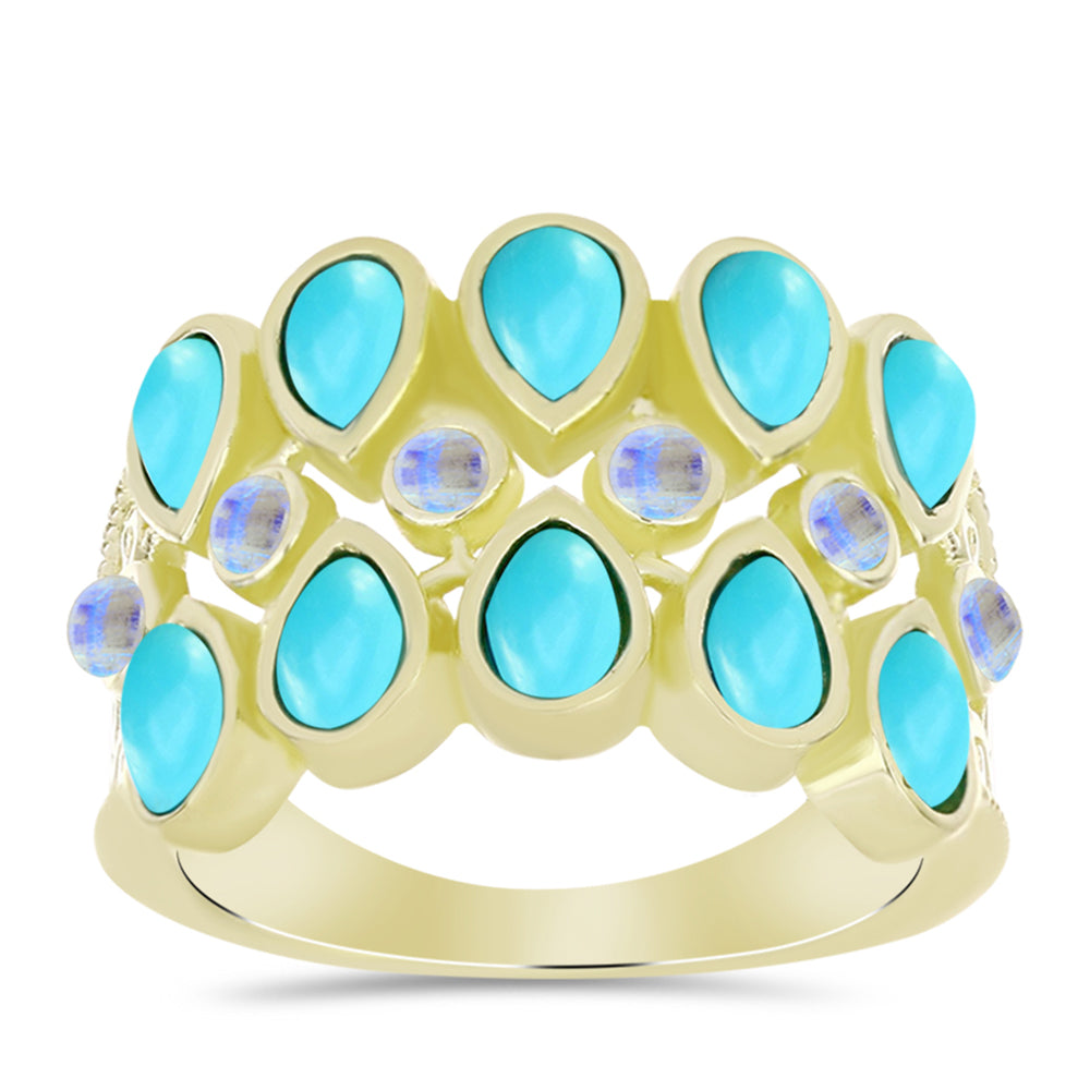 Anillo de Plata Bañada en Oro con Turquesa Bella Durmiente y Piedra Lunar Arco Iris