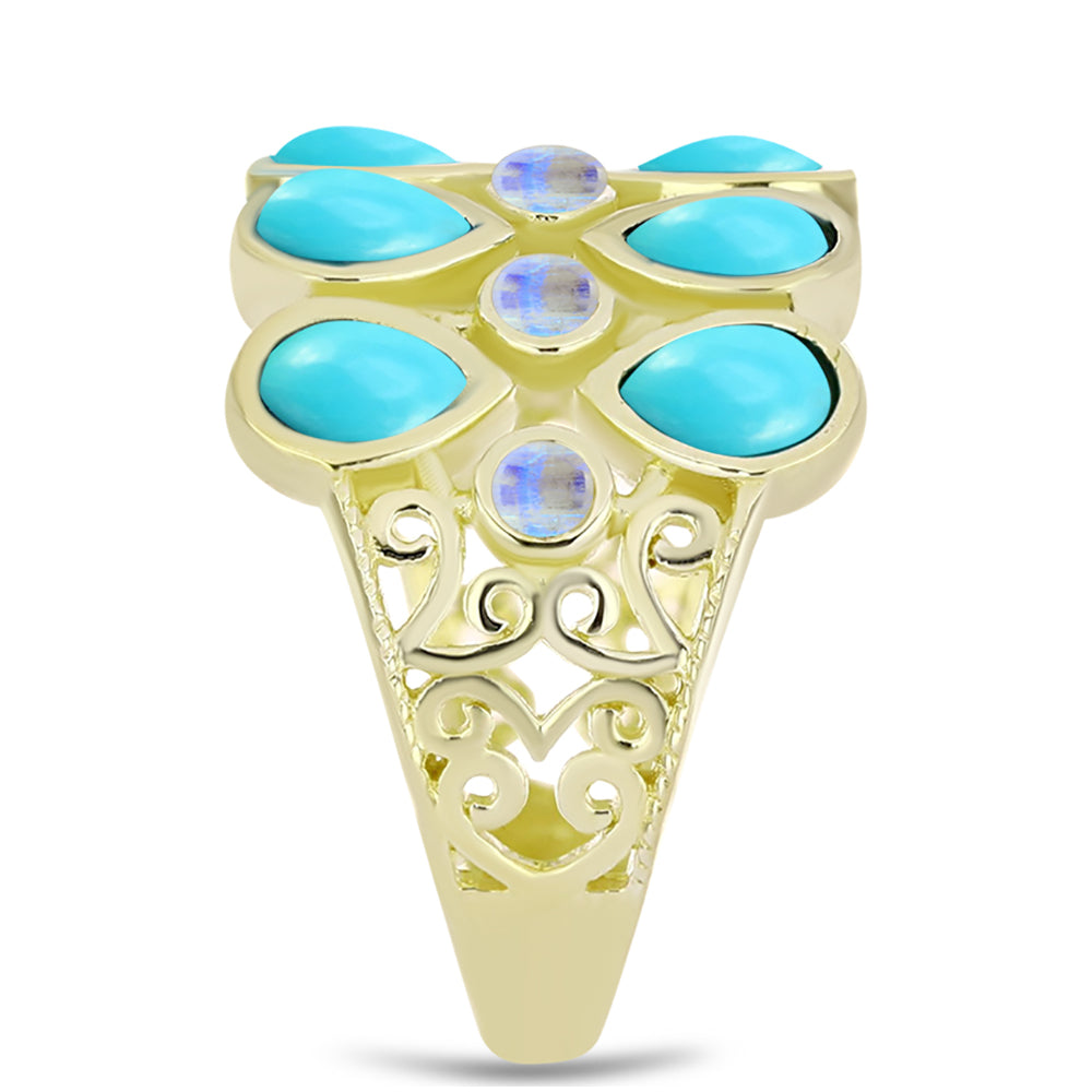 Anillo de Plata Bañada en Oro con Turquesa Bella Durmiente y Piedra Lunar Arco Iris 4 