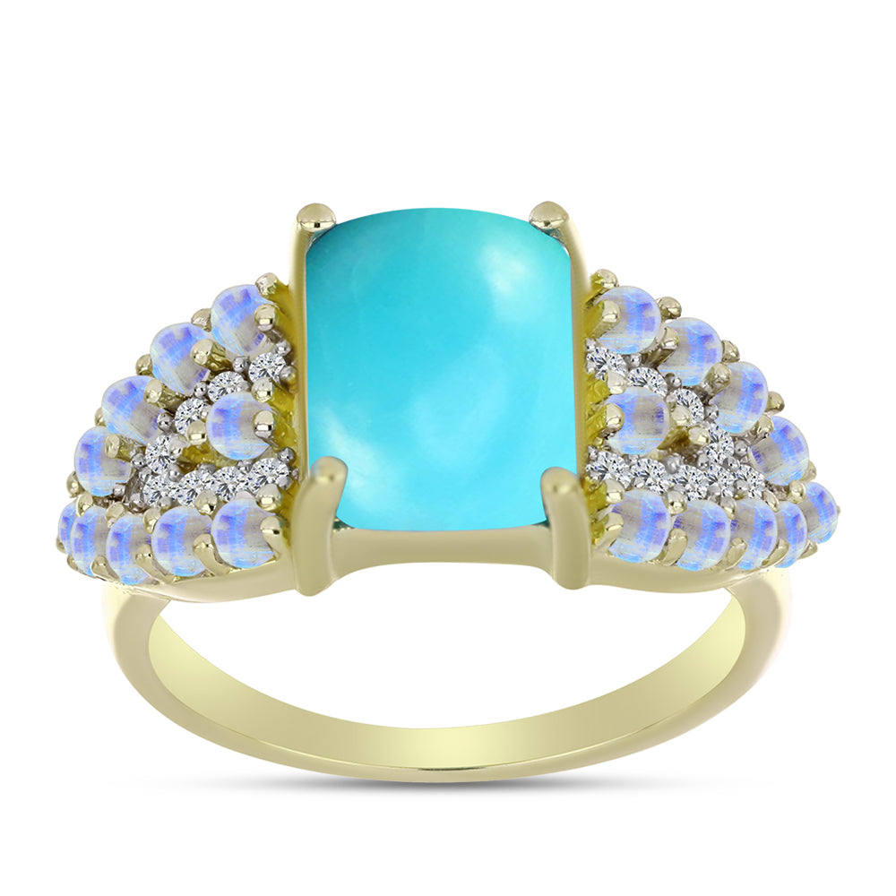 Anillo de Plata Bañada en Oro con Turquesa Bella Durmiente y Piedra Lunar Arco Iris 3 