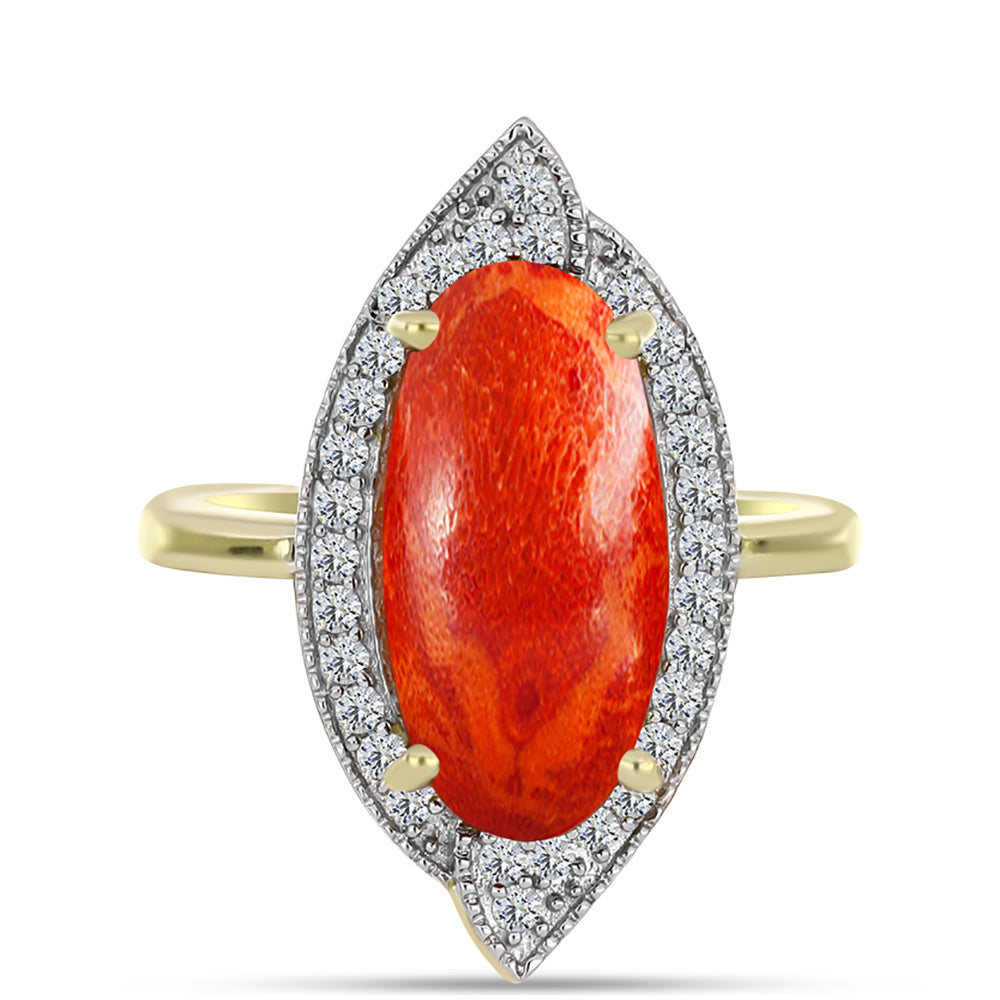 Anillo de Plata Bañada en Oro con Coral de Esponja Roja y Topacio Blanco