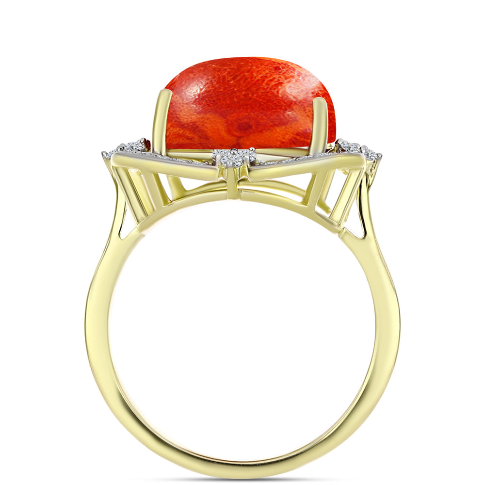 Anillo de Plata Bañada en Oro con Coral de Esponja Roja y Topacio Blanco 2 
