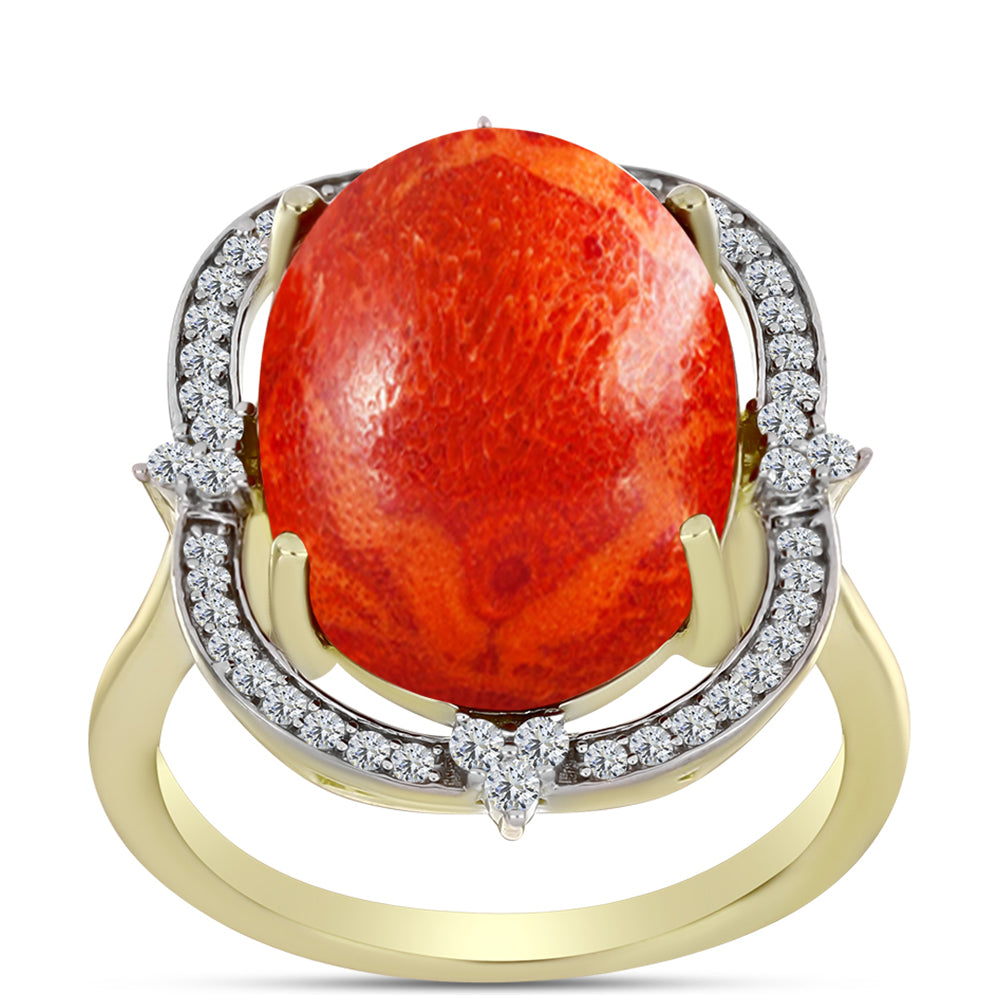 Anillo de Plata Bañada en Oro con Coral de Esponja Roja y Topacio Blanco 3 
