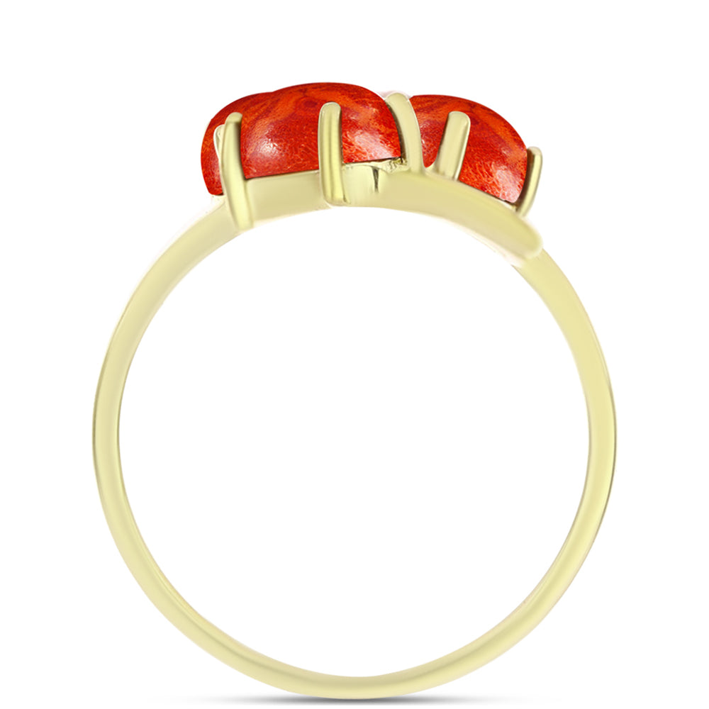 Anillo de Plata Bañada en Oro con Coral de Esponja Roja y Topacio Blanco