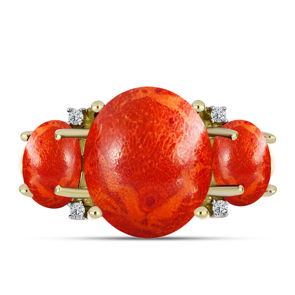 Anillo de Plata Bañada en Oro con Coral de Esponja Roja y Topacio Blanco 1 