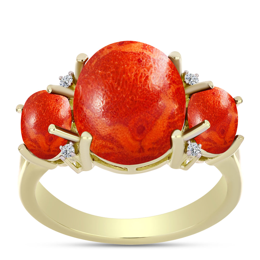 Anillo de Plata Bañada en Oro con Coral de Esponja Roja y Topacio Blanco 3 